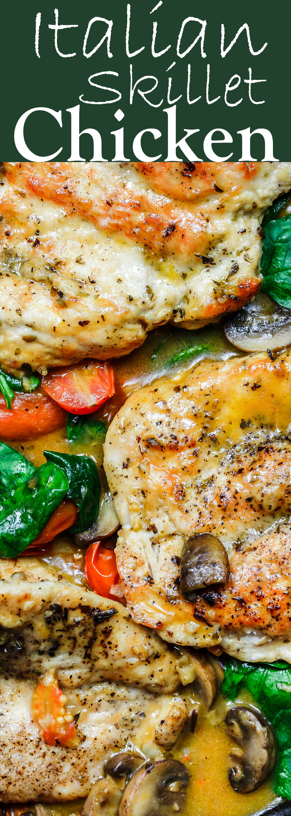 30-Minute Italian Skillet Chicken Recipe with Tomatoes and Mushrooms | The Mediterranean Dish. Flavor packed chicken breasts cooked in white wine with mushrooms, tomatoes and more! The perfect weeknight dinner in minutes! See the recipe on TheMediterraneanDish.com